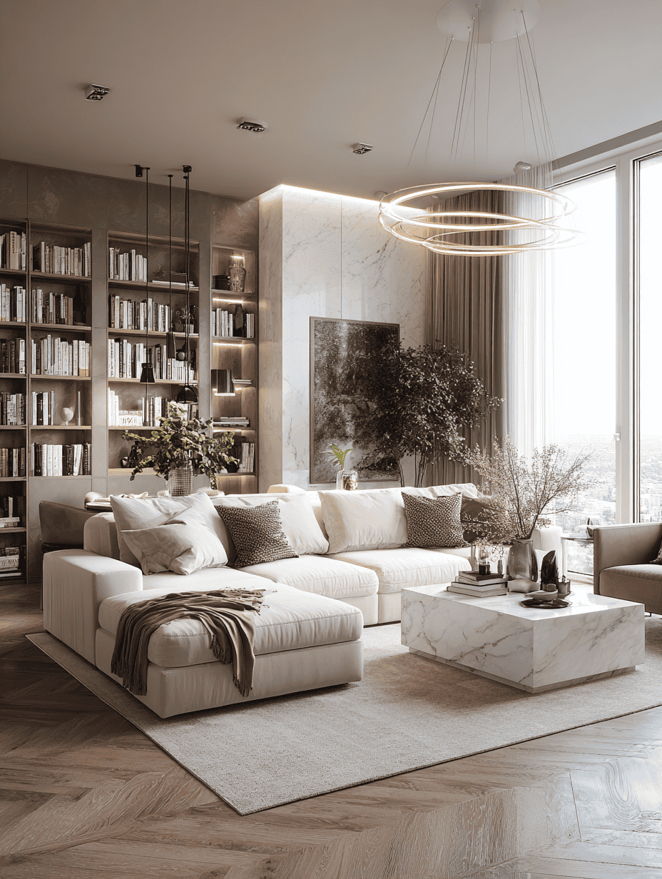 An elegant dining area with a statement chandelier and upholstered chairs